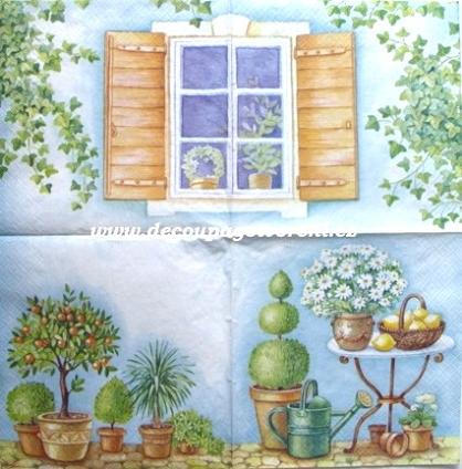 Stolek, květiny a konev pod oknem