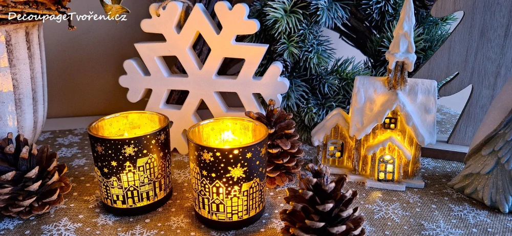 Svícen 8 cm zimní černá, domky