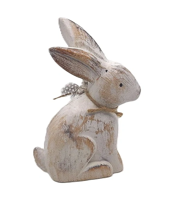 Zajíc 18 cm peříčko/nápis, patina bílá (dřevo)