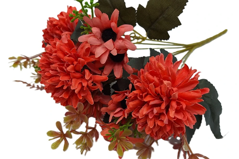 Kytice chryzantéma/gazánie/travina 30 cm 7 květů, červená