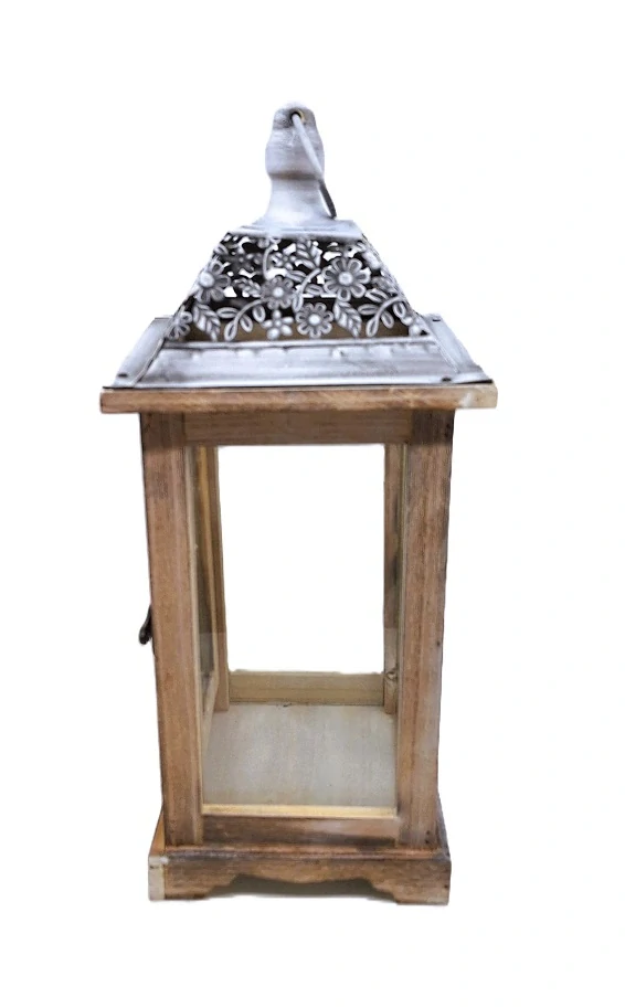 Lucerna 40 cm kov/dřevo, květina krajka