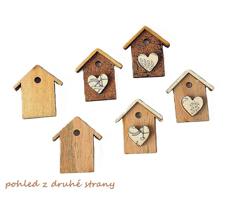 Budka srdce 3,8 cm výsek přírodní (mix 2 vzory), 6 ks