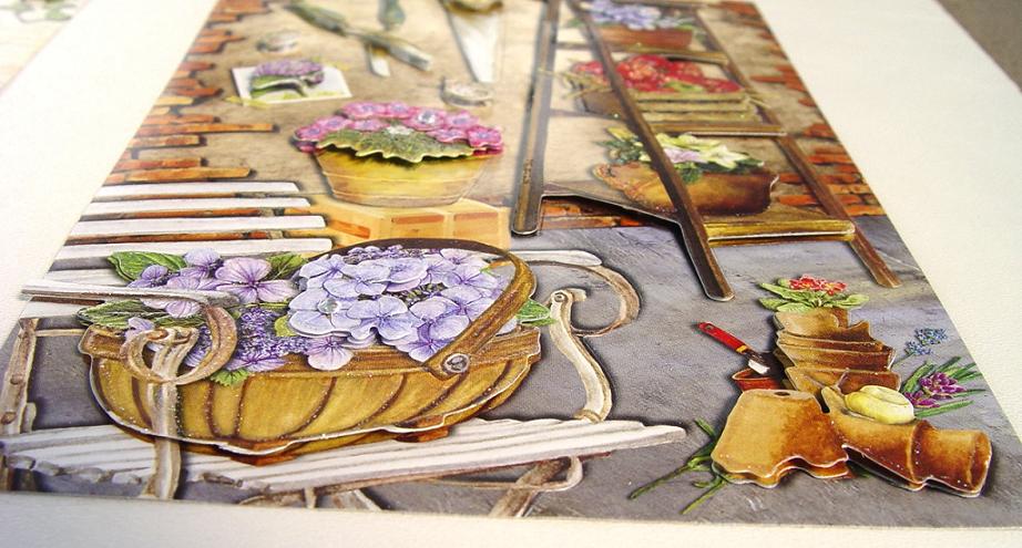 3D vzor 19, Koše květin, jablka a zahradní nářadí