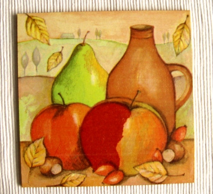 Obraz 19x19 cm/2x deska 16x16 cm, Amfóra jablka/broskve