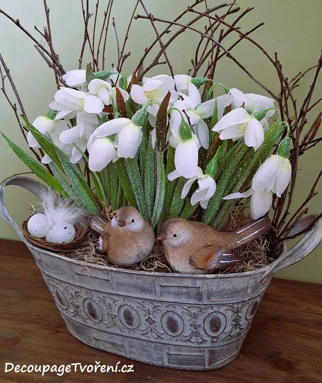 Truhlík 22 cm s uchy plech, ornament šedá