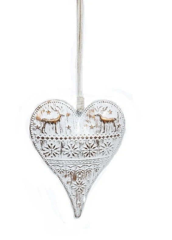 Srdce zimní 15 cm bílá, jelen a vločky