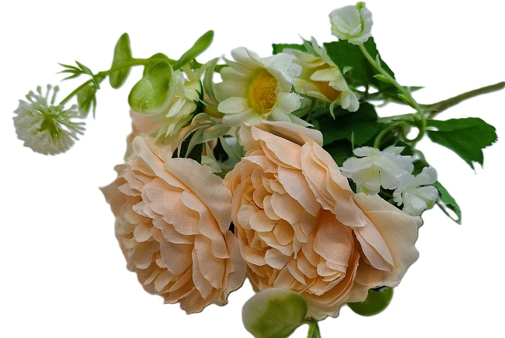 Kytice pivoňka/kopretina/travina 30 cm, lososová/bílá