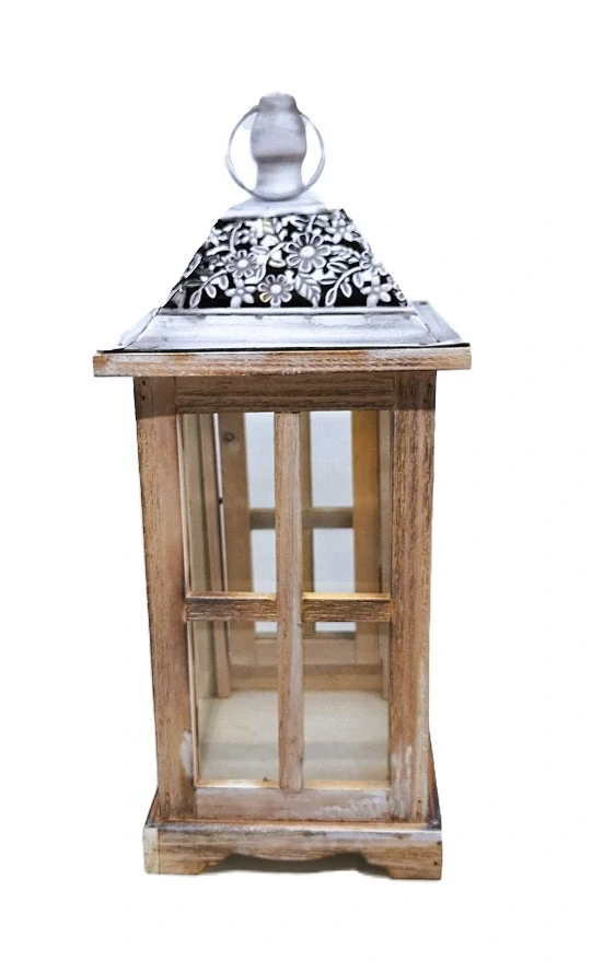 Lucerna 40 cm kov/dřevo, květina krajka