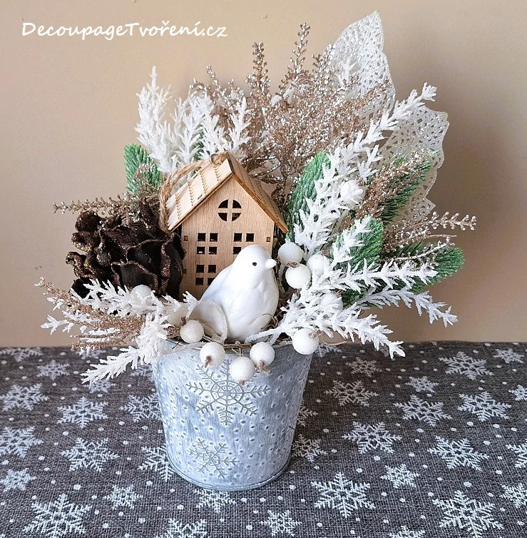 List 17 cm třpytky, patina bílá