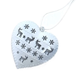 Srdce zimní 8,5 cm bílá, jeleni a vločky