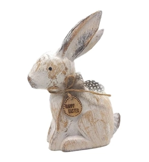 Zajíc 18 cm peříčko/nápis, patina bílá (dřevo)