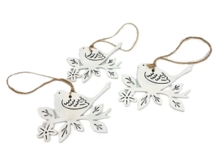 Ptáček s větvičkou 10/7,5 cm závěs/bílá, 4 ks