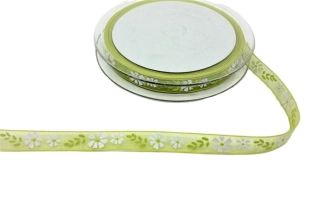 Stuha 10 mm x 1 m, zelená s květinou