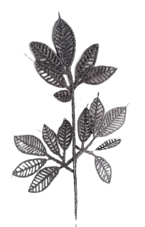 Větev listy 42 cm třpytky, šedá