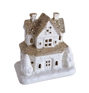 Svícen domek LED 10 cm, zlatá střecha