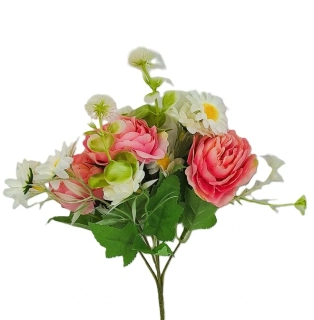 Kytice pivoňka/kopretina/travina 30 cm, růžová/bílá