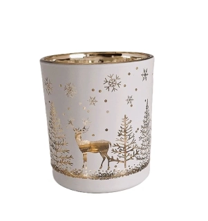 Svícen 8 cm zimní bílá, stromy, jeleni